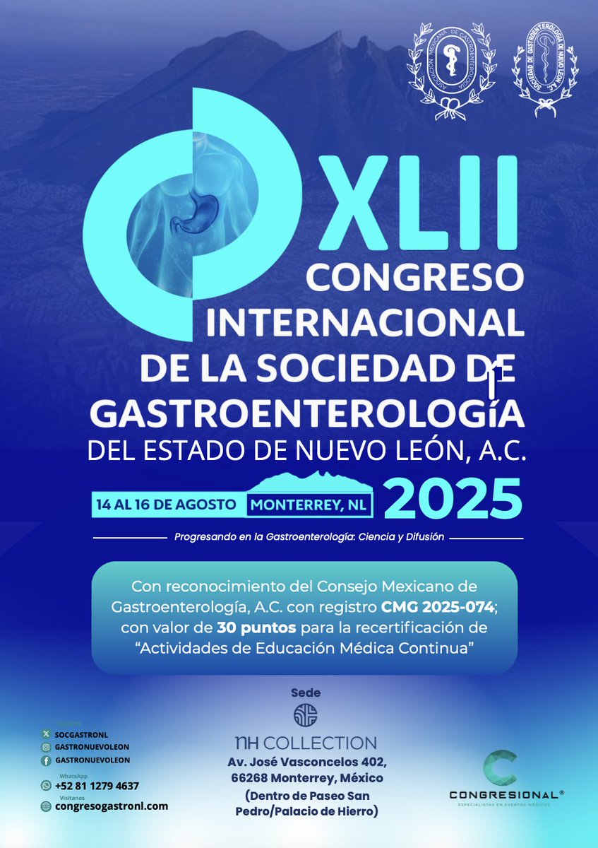 🩺 Invitamos al XLII Congreso Internacional de la Sociedad de Gastroenterología.

📍 Sede: Av. José Vasconcelos 402, Paseo San Pedro / Palacio de Hierro

📅 Avalado por el Consejo Mexicano de Gastroenterología (CMG 2025-074)

📚 30 puntos para recertificación en Educación Médica