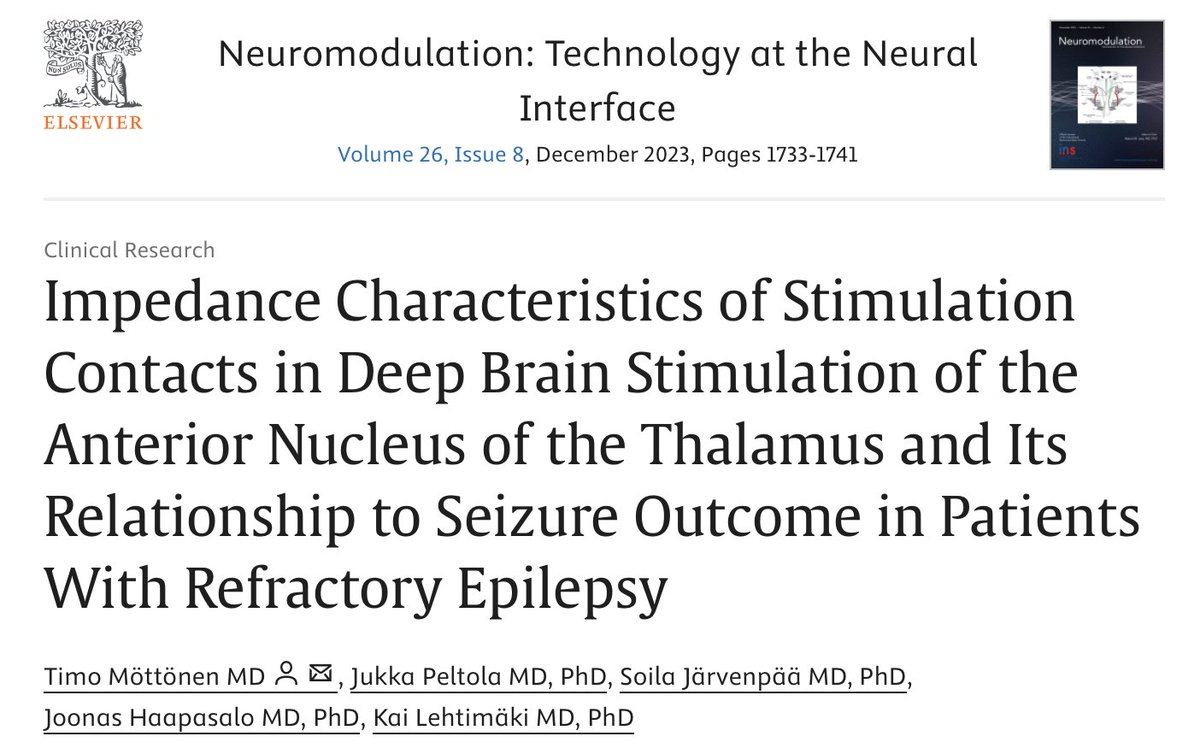 JNeuromod's tweet image. 📖 #FBF 2023: &quot;Impedance Characteristics of Stimulation Contacts in Deep Brain Stimulation of the Anterior Nucleus of the Thalamus and Its Relationship to Seizure Outcome in Patients With Refractory Epilepsy&quot; 

👀  sciencedirect.com/science/articl…
 
➡️ DOI: doi.org/10.1016/j.neur…