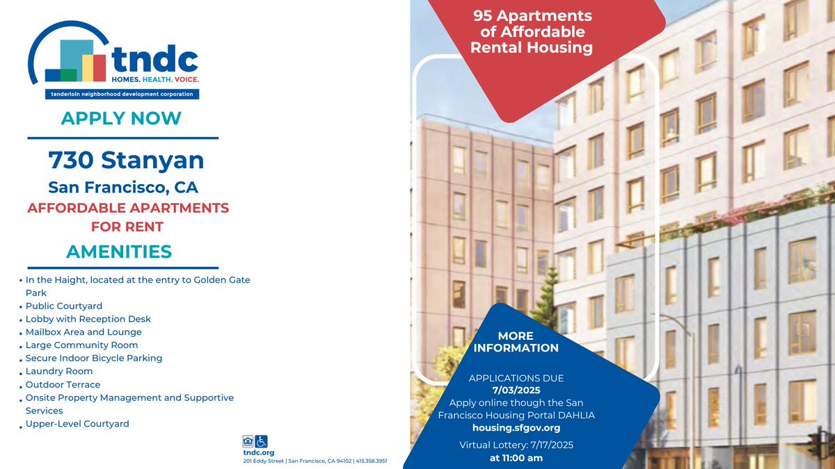 Rental studio housing opportunity-- 730 Stanyan, San Francisco. Open applications for these units will be accepted from 6/12/2025 through 7/3/2025
Apply online at housing.sfgov.org

#TNDC #AffordableHousing