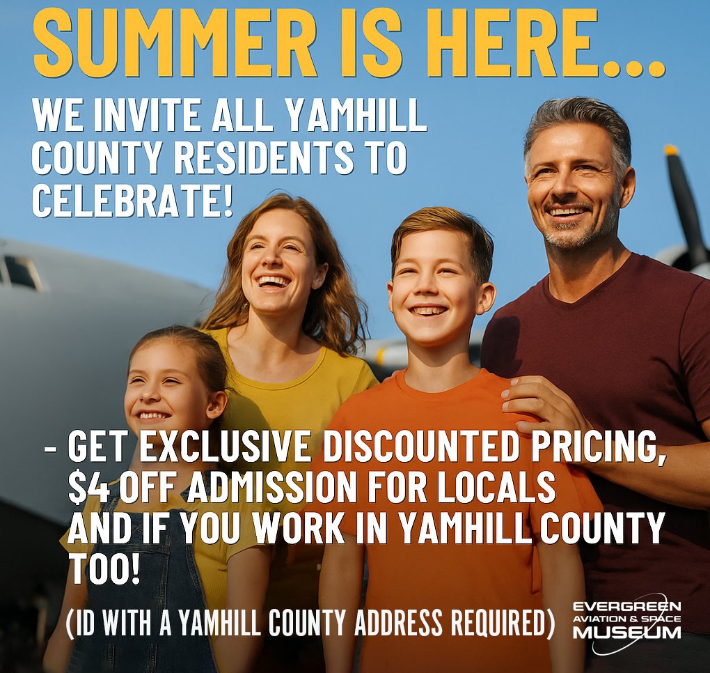 EvergreenMuseum's tweet photo. Summer Is Here... Celebrate with us!
Because exploring your own backyard should come with perks.
$4 OFF admission for locals AND those who work in Yamhill County
#CheapestWayToVacay #Staycation #ExploreEvergreen #LocalAdventure #EvergreenMuseum #FamilyFun https://t.co/8dBXrzNIHX
