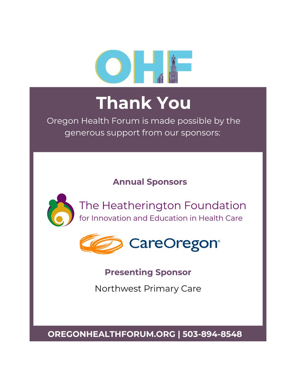 ORHealthForum's tweet photo. 🔊 Thanks for joining our 6/18 webinar, “Seeking Solutions to Oregon’s Primary Care Quandary”!

🙏 And thank you sponsors:

🎓 The Heatherington Foundation for Innovation and Education in Health Care
🩺 CareOregon
🏥Northwest Primary Care – presenting sponsor

#OregonHealthForum https://t.co/LmZ7l8Y5r0