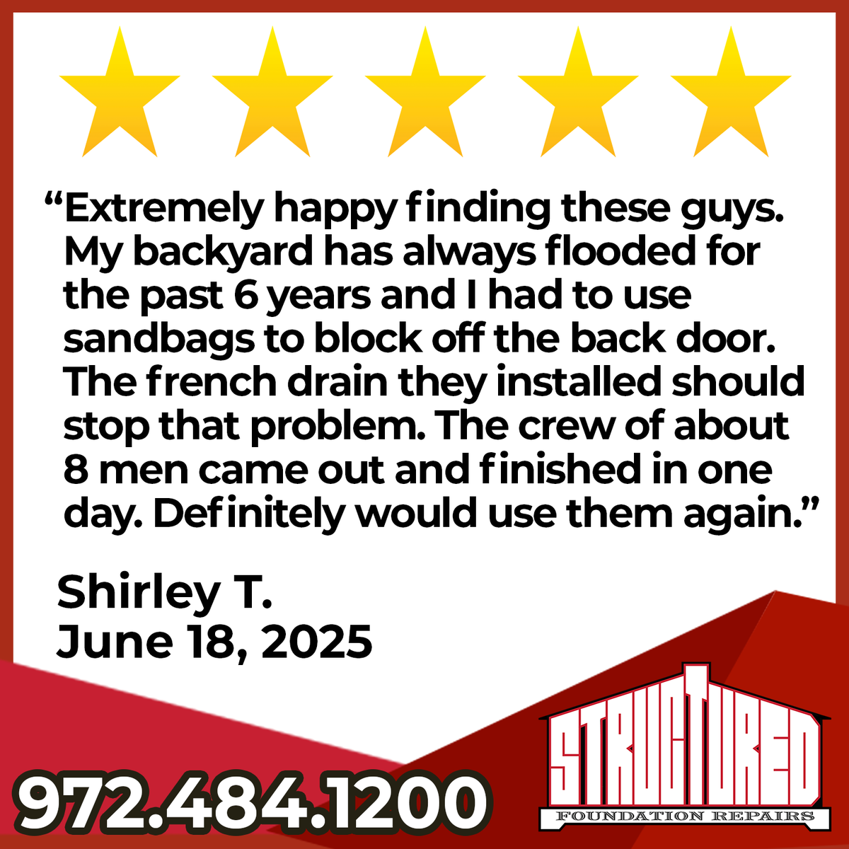 It's 5-Star Friday! Check out this recent 5-star review from Shirley T. Thank you, Shirley, for sharing your experience with Structured!  

#5starFriday #CustomerReview #FoundationRepair #NorthTexas #DFW
