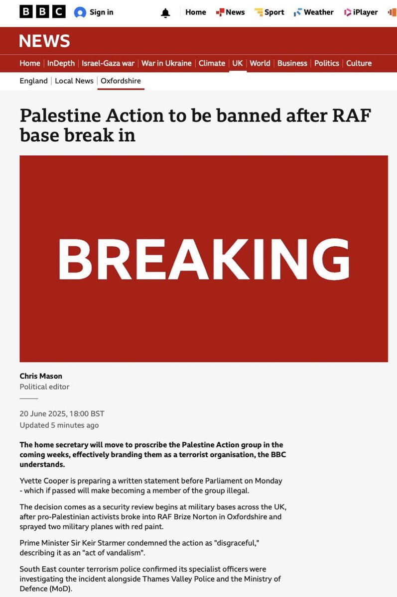 İngiltere İçişleri Bakanı, önümüzdeki haftalarda Filistin Eylem Grubunu terör örgütü olarak tanıyacak.

Karar, Filistin yanlısı aktivistlerin Oxfordshire'daki Brize Norton hava üssüne girerek iki askeri uçağa kırmızıya boyamasının ardından geldi.