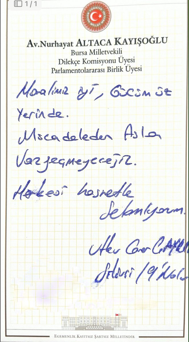 Avcılar Belediye Başkanımız Utku Caner Çaykara’nın sizlere selamlarını iletiyorum.

“Moralimiz iyi, gücümüz yerinde. Mücadeleden asla vazgeçmeyeceğiz. Herkese hasretle selamlar.”

Utku Caner Çaykara
20.06.2025 Silivri Kapalı Cezaevi