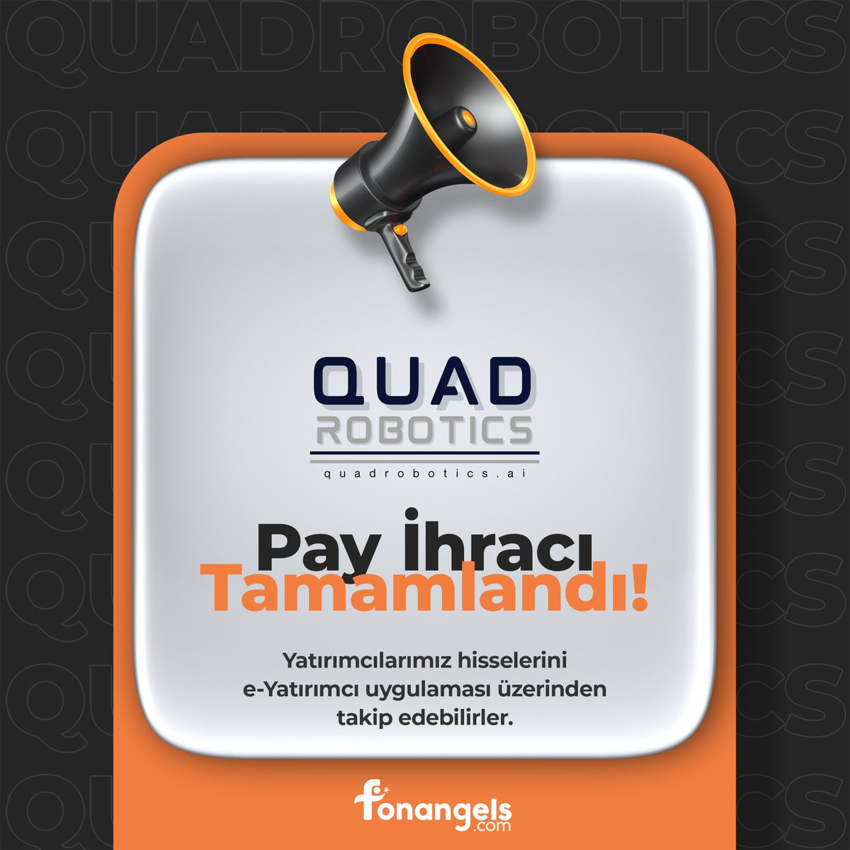 Quadrobotics Arge ve Yazılım Anonim Şirketi'ne ait “Quad Robotics” projesinin Takasbank ve MKK nezdinde gerçekleştirilen finansal kapanış işlemleri tamamlanmıştır. Pay adet bilgisi MKK’nın e-yatırımcı uygulamasında görünmekte olup 20/06/2025 tarihinde, toplanan fonun girişim