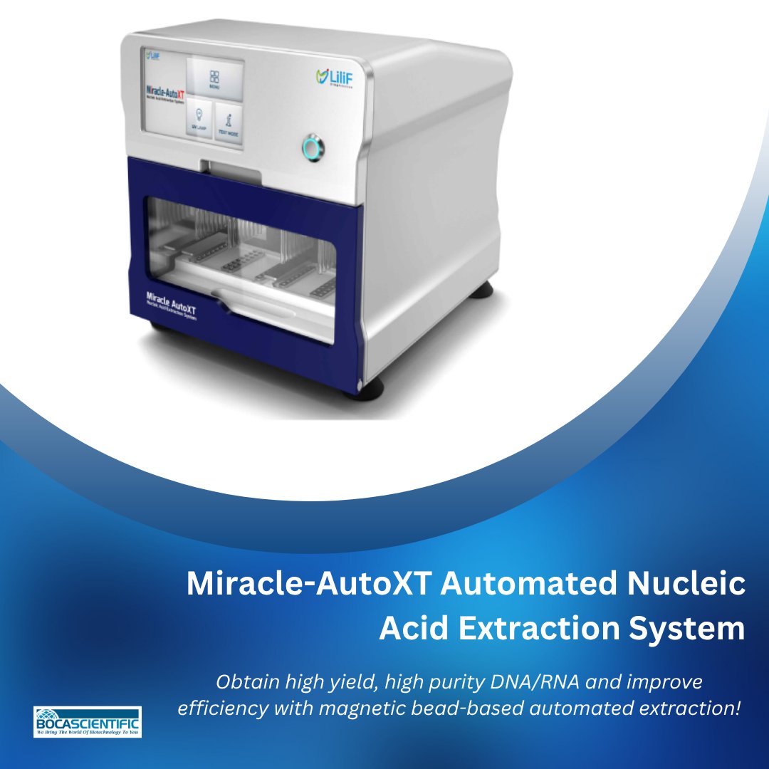 Boca_Scientific's tweet image. Our Miracle-AutoXT offers fast, efficient nucleic acid extraction, in as little as 20 minutes! This system functions by bead based-extraction and provides high yield, high purity DNA/RNA, with up to 32 samples processed simultaneously. #DNA #RNA
See it: bocascientific.com/miracle-autoxt…