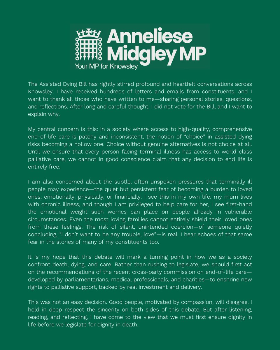 Thank you to all the people in Knowsley who have written to me about the Terminally Ill Adults (End of Life) Bill. My statement on today's vote is below: