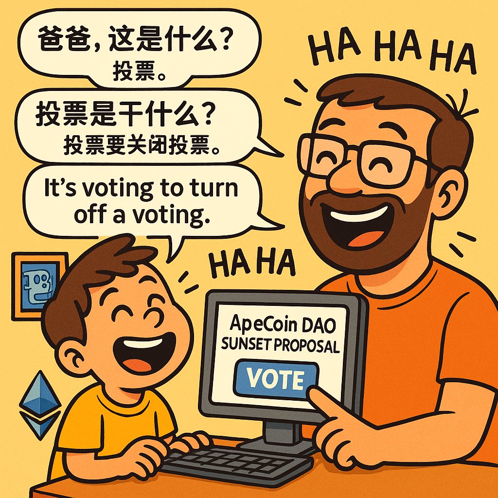 I am voting to sunset apecoindao, my son come and ask what is this, I say it's voting, he ask what it the voting for, I say it's voting to turn off a voting, then we all laugh.🤣