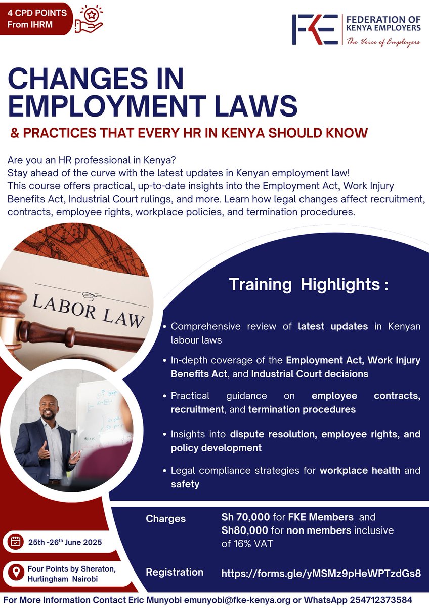 Last Call!! Coming UP Next Week - Changes in Employment Laws &amp; Practices that every HR professional in Kenya Should Know 

Stay ahead of the curve with the latest updates in Kenya employment laws and HR policies that are 
Register today forms.gle/6jXZLLxBnVUk12… 

 #employers