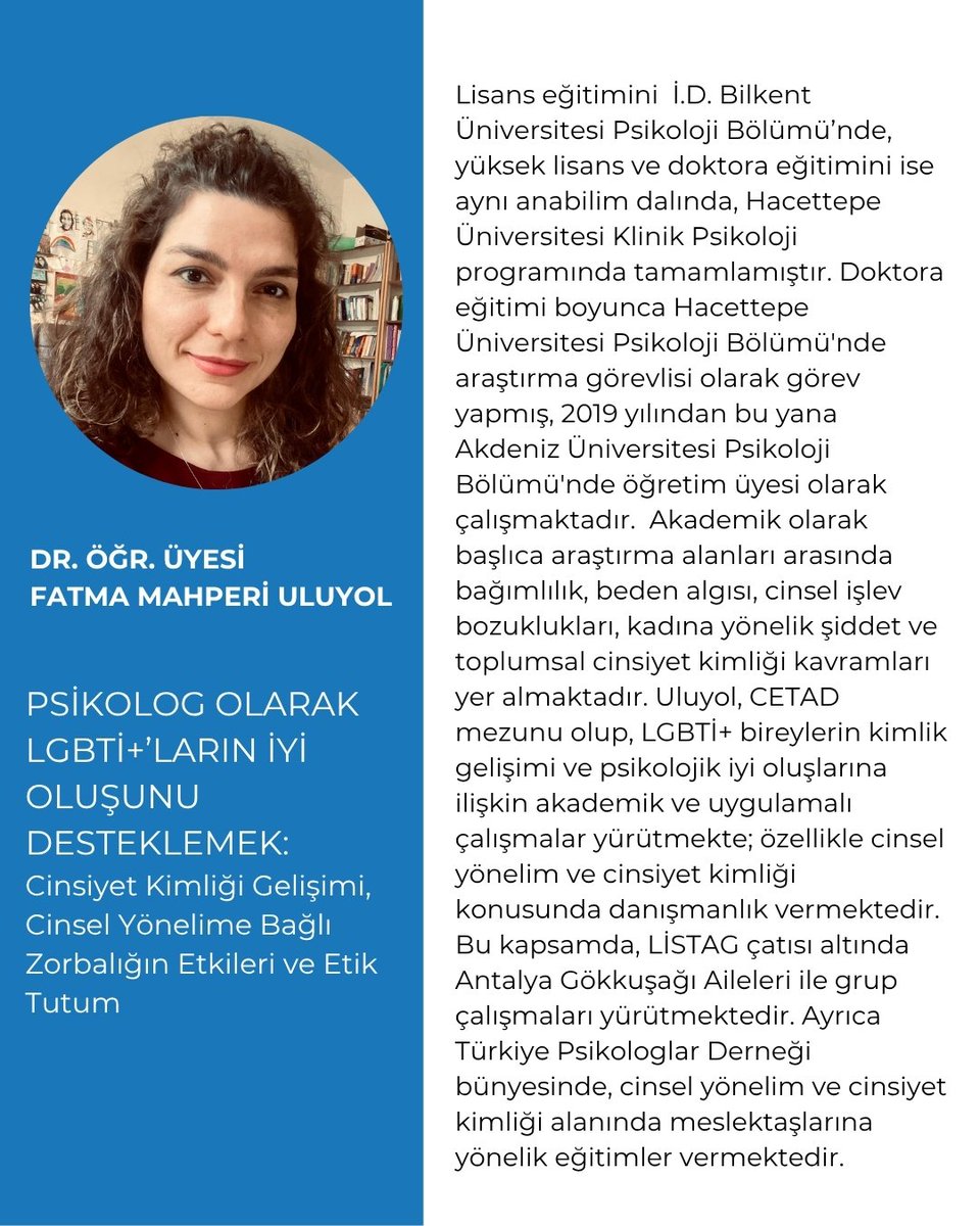 Değerli meslektaşlarımız ve sevgili öğrenciler,
Sizleri Türk Psikologlar Derneği Kadın ve Toplumsal Cinsiyet Çalışmaları Birimi İzmir Çalışma Grubu olarak  Dr. Öğr. Üyesi Fatma Mahperi Uluyol'un vereceği konferansa davet ediyoruz.
Katılımcı formu: forms.gle/ntgbVVZQ8QzAvv…