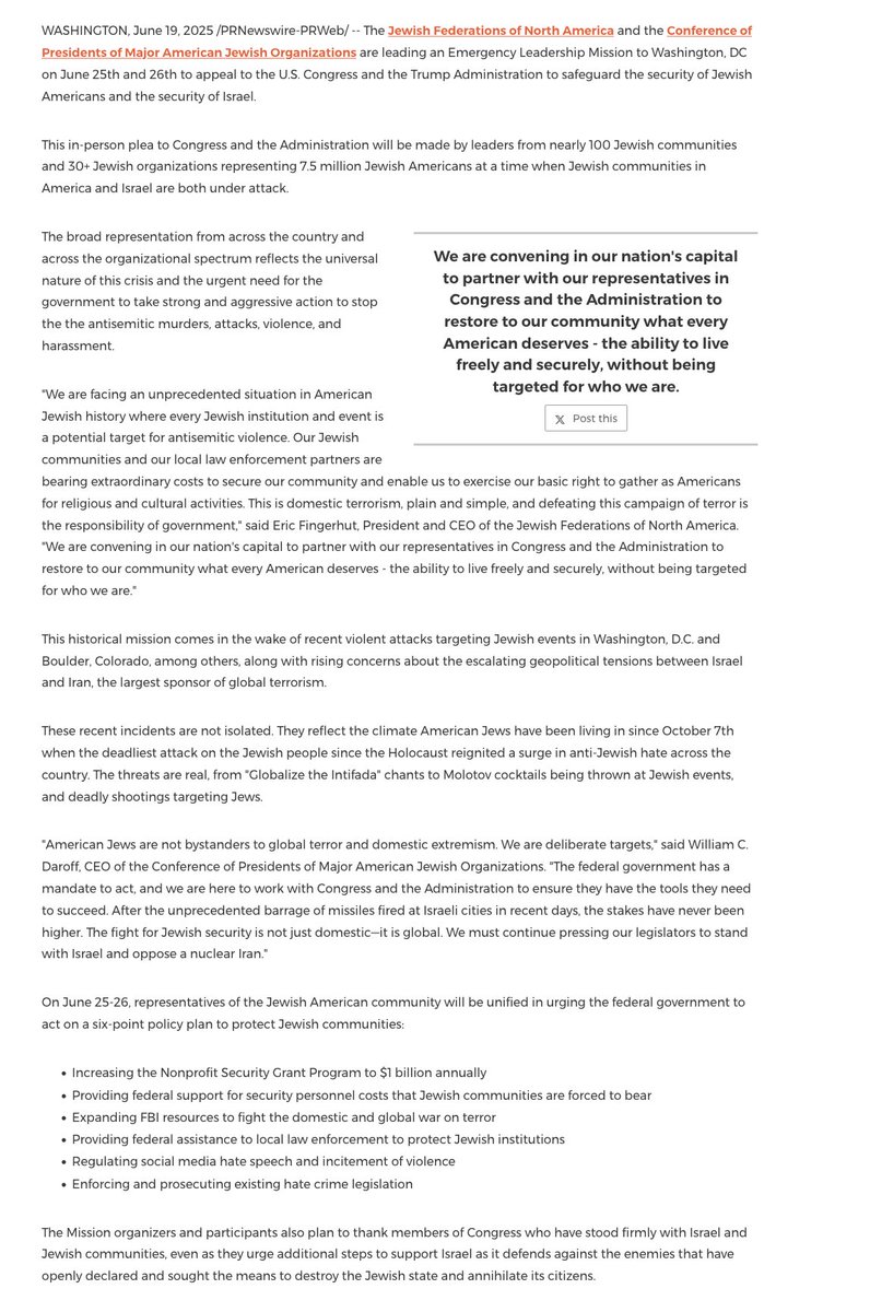 WashingtonViews's tweet photo. Yesterday Announcement from @jfederations and @Conf_of_Pres "Jewish Community Emergency Leadership Mission to Assemble in DC: June 25-26 Calling on Congress and Trump Administration to Take Action to Safeguard Jews" https://t.co/zc2G8xyHg7 #USJews @Daroff #JFNA @betsyberns https://t.co/PQ5Uy23yGy