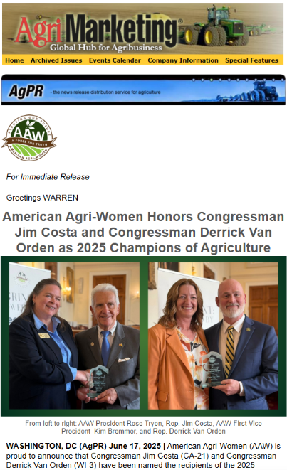 from <a href="/AgriMarketing/">Agri Marketing</a>: American Agri-Women Honors Congressmen <a href="/RepJimCosta/">Rep. Jim Costa</a>  and <a href="/RepVanOrden/">Rep. Derrick Van Orden Press Office</a> As 2025 Champions Of Agriculture. agrimarketing.com/s/154040 <a href="/Women4Ag/">American Agri-Women</a> #AgWomenUnite #Women4Ag #WomenInAg via AgPR.com <a href="/agnewscenter/">agnewscenter AgPR</a> <a href="/HouseAgDems/">House Agriculture Committee Democrats</a> <a href="/HouseAgGOP/">House Committee on Agriculture</a>
