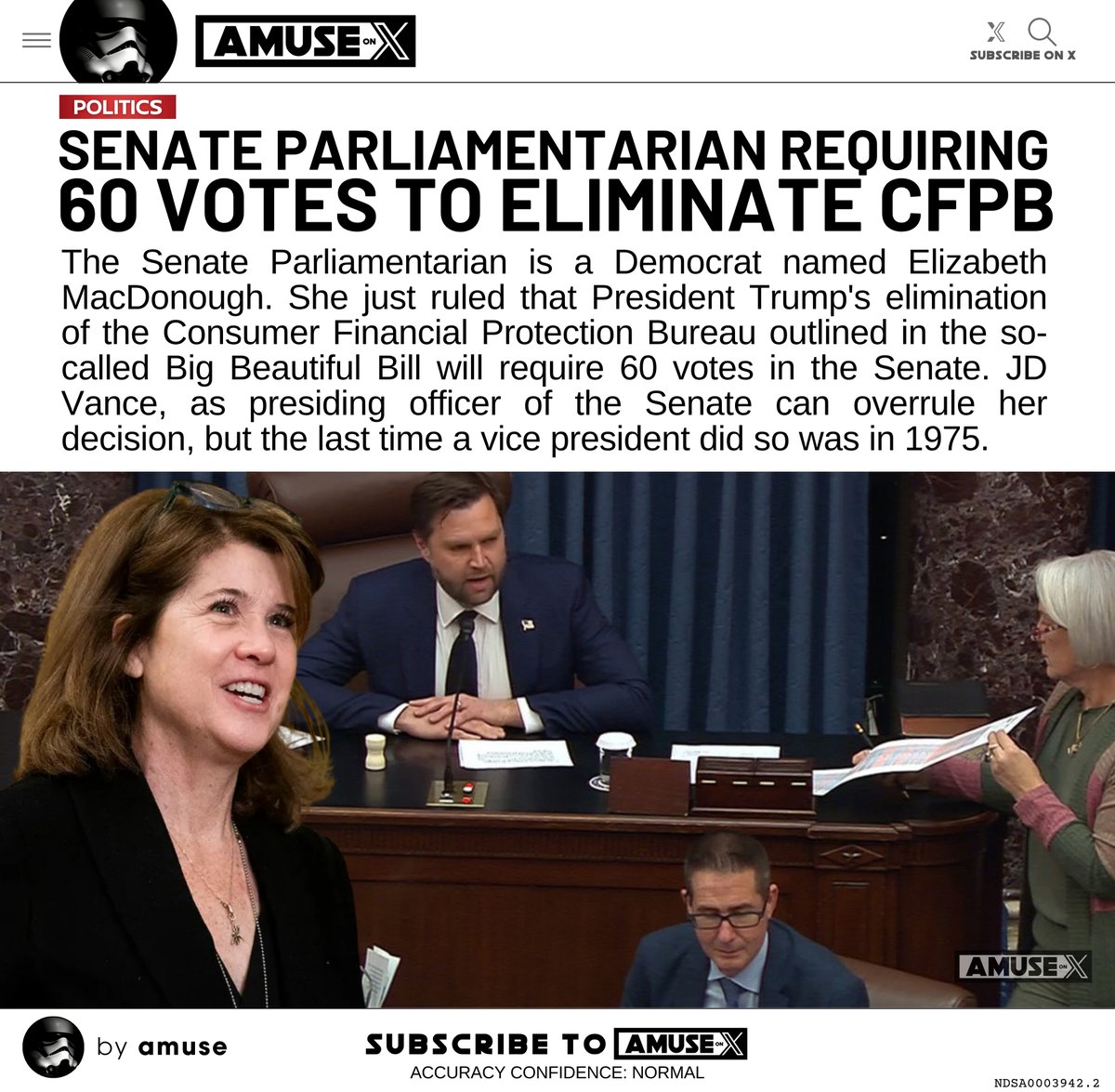 SENATE: In other news, the Democrat Senate Parliamentarian has decided zeroing out funding for the CFPB in Trump's Big Beautiful Bill will require 60 votes instead of a simple majority - effectively killing the bill. <a href="/JDVance/">JD Vance</a>, as president of the Senate, can overrule her but the