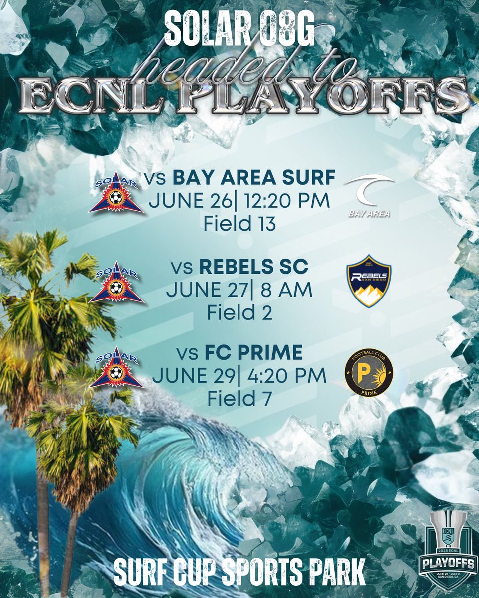Solar08gECNL (@solar08gecnl) on Twitter photo San Diego here we come 🏝️☀️⚽️ ECNL Playoffs is less than a week away! Mark your 📆 and come watch these talented girls compete!
#Playoffs <a href="/TopDrawerSoccer/">TopDrawerSoccer</a> <a href="/PrepSoccer/">Prep Soccer ⚽️</a> <a href="/ECNLgirls/">ECNL Girls</a> <a href="/USYNT/">U.S. Soccer YNT</a> <a href="/ImYouthSoccer/">ECNL/GA/Recruiting/College Soccer</a> <a href="/ImCollegeSoccer/">College Soccer Truth ™</a> San Diego here we come 🏝️☀️⚽️ ECNL Playoffs is less than a week away! Mark your 📆 and come watch these talented girls compete!
#Playoffs <a href="/TopDrawerSoccer/">TopDrawerSoccer</a> <a href="/PrepSoccer/">Prep Soccer ⚽️</a> <a href="/ECNLgirls/">ECNL Girls</a> <a href="/USYNT/">U.S. Soccer YNT</a> <a href="/ImYouthSoccer/">ECNL/GA/Recruiting/College Soccer</a> <a href="/ImCollegeSoccer/">College Soccer Truth ™</a>
