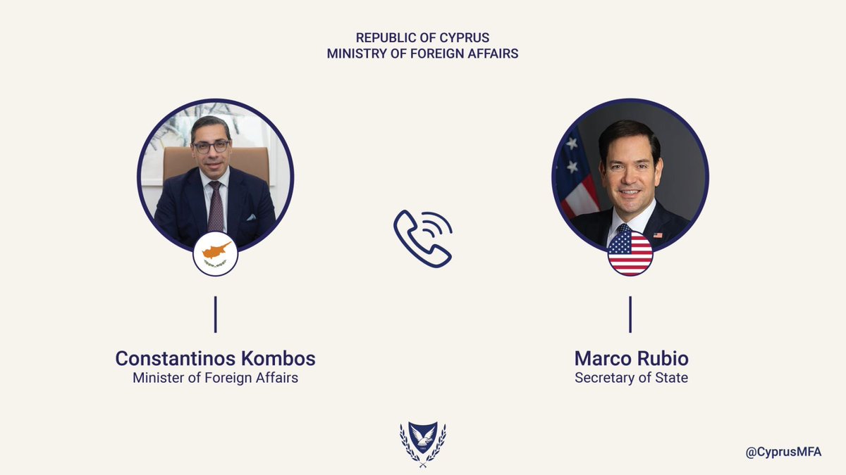 Constantinos Kombos (@ckombos) on Twitter photo Timely telephone conversation with U.S. Secretary of State <a href="/SecRubio/">Secretary Marco Rubio</a> on the rapidly evolving developments in the region.
Underscored our shared commitment to preserving security and stability through ongoing engagement and effective diplomacy.
<a href="/CyprusinUSA/">Cyprus Embassy in US</a>
<a href="/USEmbassyCyprus/">U.S. Embassy Cyprus</a> Timely telephone conversation with U.S. Secretary of State <a href="/SecRubio/">Secretary Marco Rubio</a> on the rapidly evolving developments in the region.
Underscored our shared commitment to preserving security and stability through ongoing engagement and effective diplomacy.
<a href="/CyprusinUSA/">Cyprus Embassy in US</a>
<a href="/USEmbassyCyprus/">U.S. Embassy Cyprus</a>