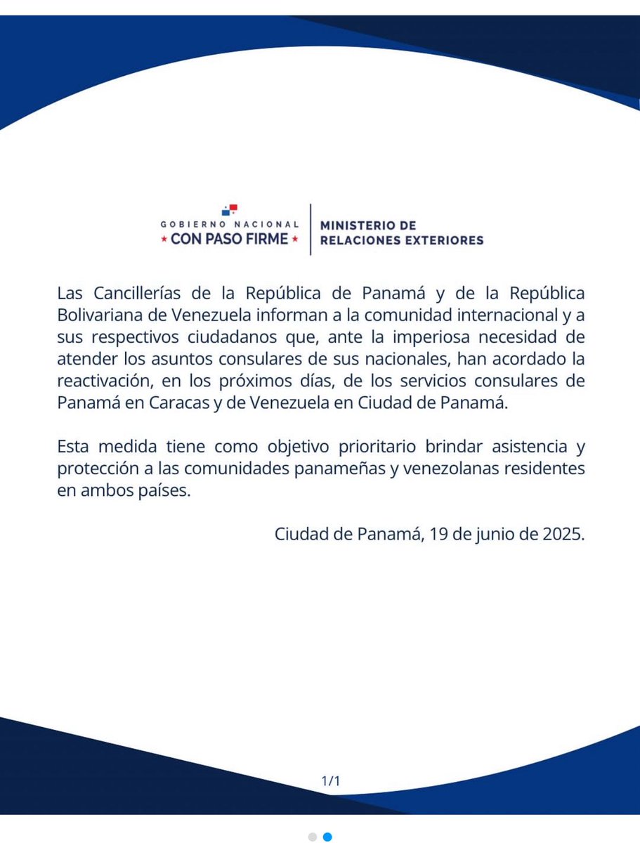 #Panamá comunicado de reactivación de servicios consulares con Venezuela.