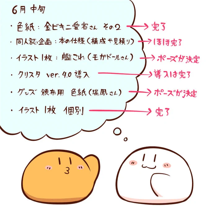 6月中旬のToDoリストを見直してみた。

出来てないものもありますが
一応、全部に手を付けることができました。
何だか10日ごとに〆切が来る感じになってます。

個人的にクリスタ導入について
自分でも褒めてあげたいところです( ˘ω˘ )/ヨシヨーシ 