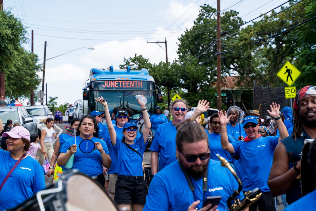 Always a pleasure celebrating #Juneteenth with our community. Thanks to everyone who participated alongside the #CapMetro team in the parade, and to those who beat the heat to line the streets! 🚌💜