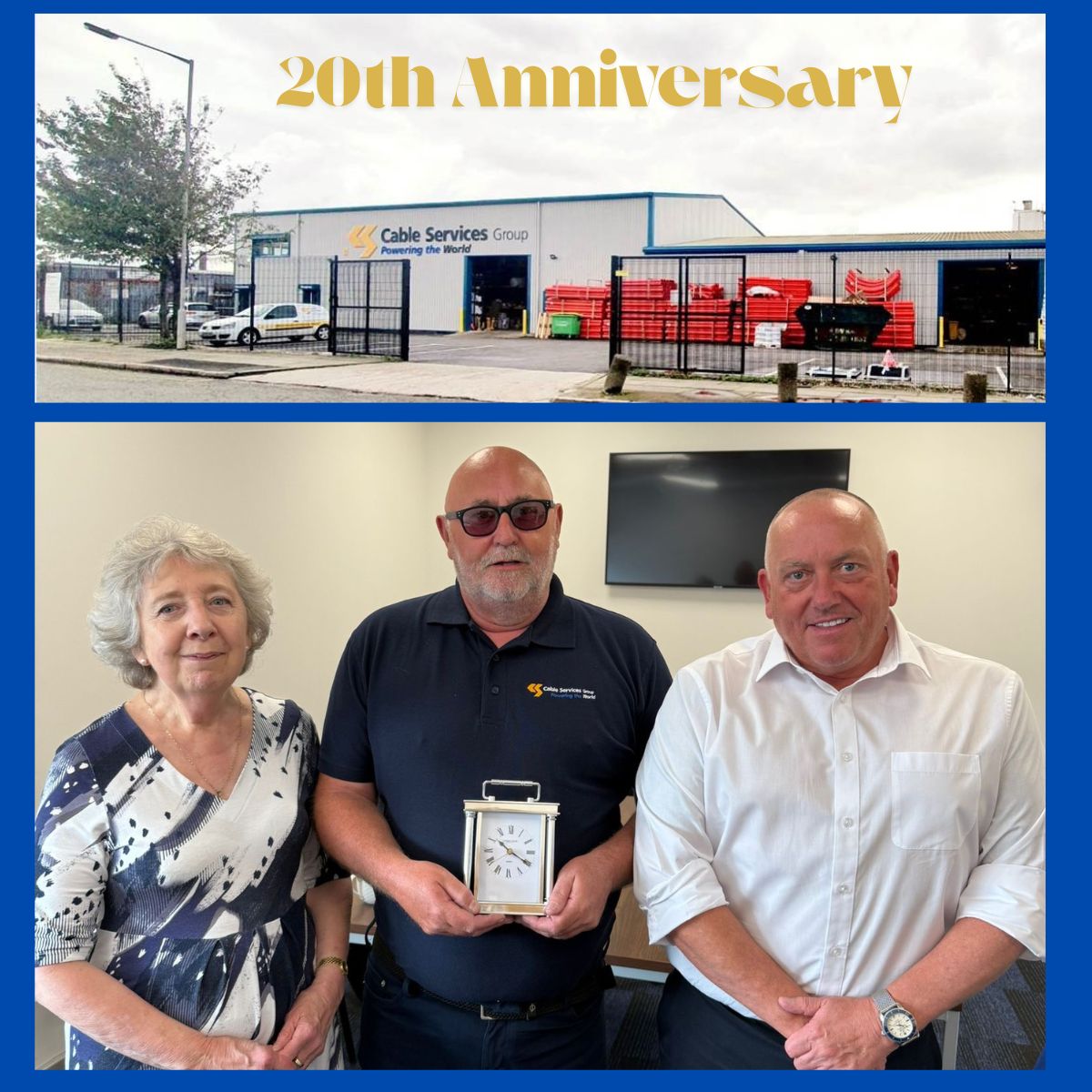 This week, Joseph Beatty reached 20 years of service at the Cable Services Liverpool branch. 

Operations Director, Wayne Robinson and Chairman, Jean Williams presenting Joseph with his gift from the company. 

#20thanniversary #service