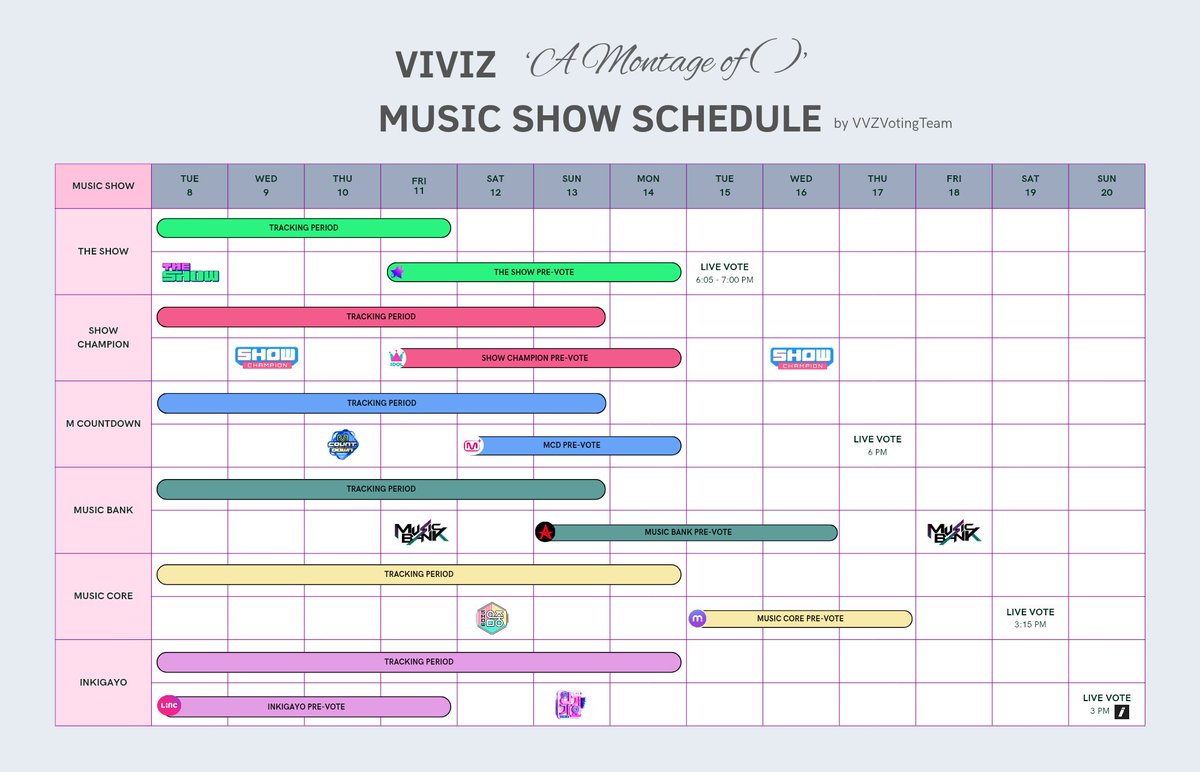 [🗓️] MUSIC SHOW TRACKING &amp; VOTING SCHEDULE

VIVIZ's comeback is soon! Voting is dependent on their music show attendance and nominations but here is a tentative schedule for week 1 &amp; 2 of the comeback.

Follow us for voting updates!

#VIVIZ #비비지 #A_Montage_of_()