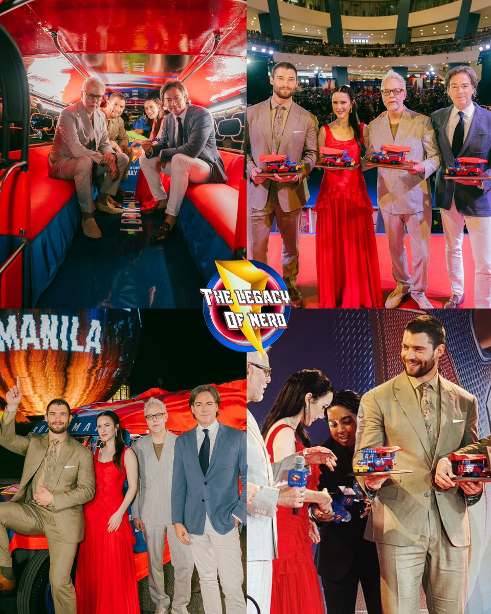 David Corenswet, Rachel Brosnahan, James Gunn, and Peter Safran being presented with Superman Jeepneys