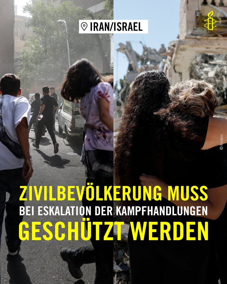 Immer mehr Zivilist*innen müssen den grausamen Tribut der Militärschläge #Iran #Israel seit dem 13. Juni 2025 zahlen.

Die Behörden beider Länder müssen ihren Verpflichtungen nach dem humanitären Völkerrecht zum Schutz der Zivilbevölkerung nachzukommen: bit.ly/44qLEju
