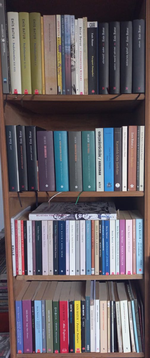 Enis Batur. Bazıları bunlar. Bu 4 raf bile yaklaşık 100 adet.