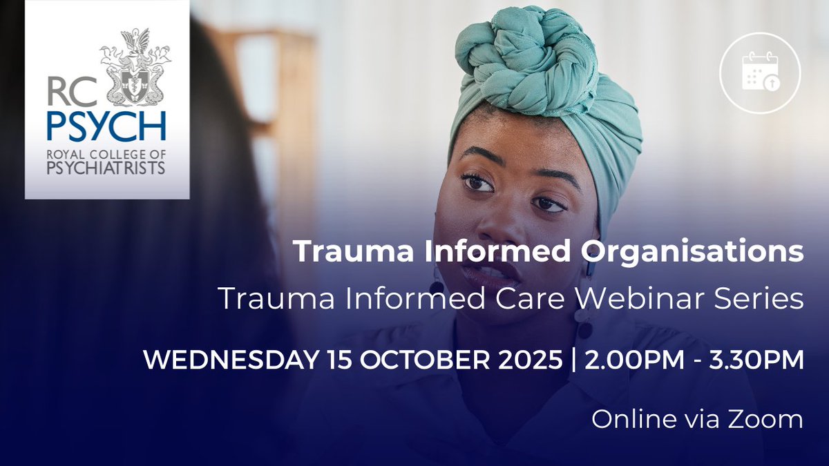 rcpsych's tweet image. Have you booked your place for the 'Trauma Informed Organisations' webinar? We are delighted to be joined by Dr Philippa Greenfield, Psychiatrist Trauma Informed lead, Camden and Islington NHS Foundation Trust!
Find out more: bit.ly/4knCUzW
#RCPsychTraumaInformedCare