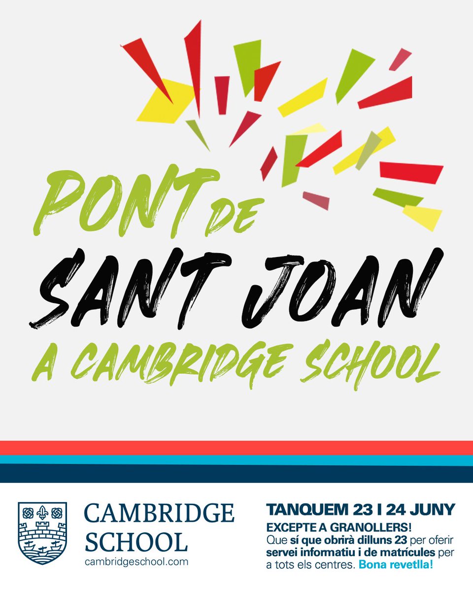 ATENCIÓ: dilluns 23 de juny NOMÉS OBRIM a GRANOLLERS!

Les nostres escoles romandran tancades DILLUNS 23 i DIMARTS 24 -EXCEPTE a GRANOLLERS, que sí que obrirà dilluns per atendre alumnes de tots els centres #CambridgeSchoolOfficial

MÉS INFO a👉👉👉
cambridgeschool.com/ca/festiu-i-po…