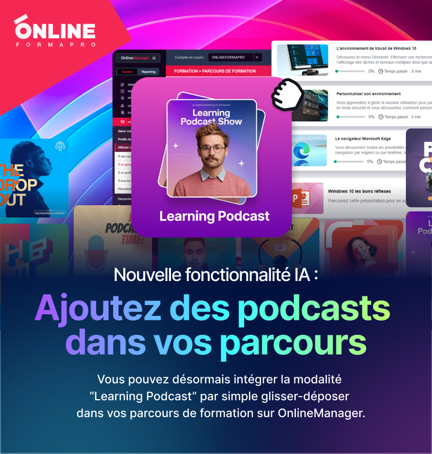 Vous l'aviez demandé :🎧Nouvelle fonctionnalité IA sur le LMS OnlineManager✨.

Générez vos podcasts avec l’IA et intégrez-les directement dans vos parcours par simple glisser-déposer.
#IA #LMS #DigitalLearning #formation #pédagogie