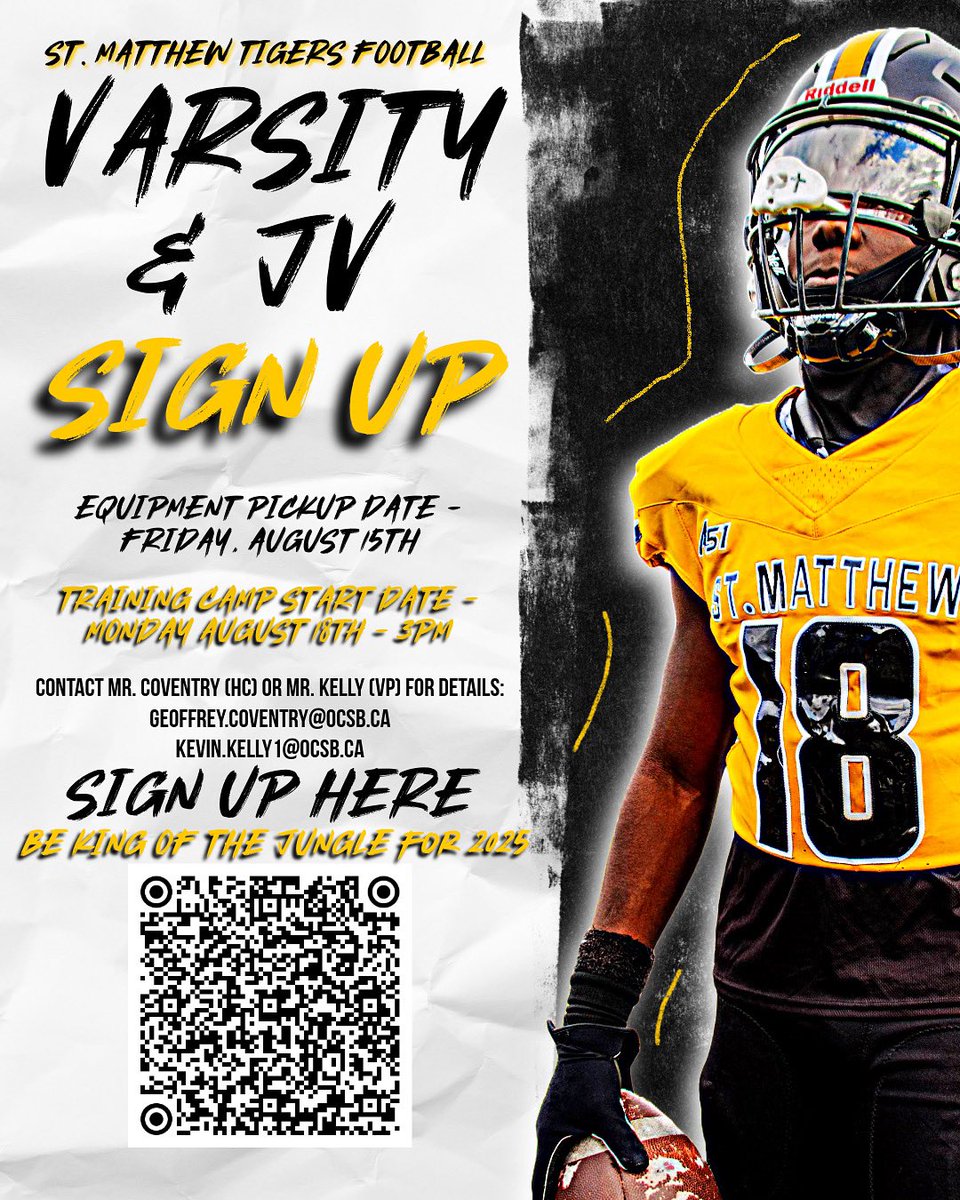 STMTigersFBALL (@fballstmatts) on Twitter photo ๐ฃ ๐๐๐ก๐ก ๐๐ค๐ค๐ฉ๐๐๐ก๐ก ๐๐๐๐ฃ-๐๐ฅ ๐๐จ ๐๐๐๐! ๐
๐
if you plan to play Varsity or JV football this fall, sign up now to stay in the loop!
Equipment Pickup โ Friday, August 15th
Training Camp Begins โ Monday, August 18th at 3PM
Be King of the Jungle this 2025 season. ๐ฃ ๐๐๐ก๐ก ๐๐ค๐ค๐ฉ๐๐๐ก๐ก ๐๐๐๐ฃ-๐๐ฅ ๐๐จ ๐๐๐๐! ๐
๐
if you plan to play Varsity or JV football this fall, sign up now to stay in the loop!
Equipment Pickup โ Friday, August 15th
Training Camp Begins โ Monday, August 18th at 3PM
Be King of the Jungle this 2025 season.