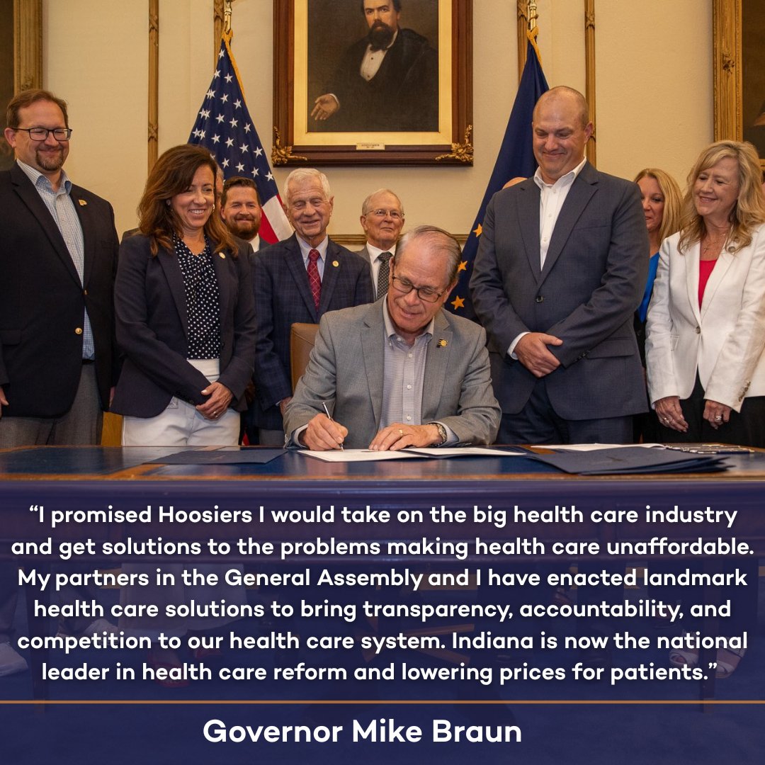 This week, <a href="/GovBraun/">Governor Mike Braun</a> held a ceremony to sign 10 health care bills that will reform health care in Indiana: lowering prices, improving health care price transparency and eliminating anti-competitive practices, among other health care solutions. Learn more: events.in.gov/event/indiana-…