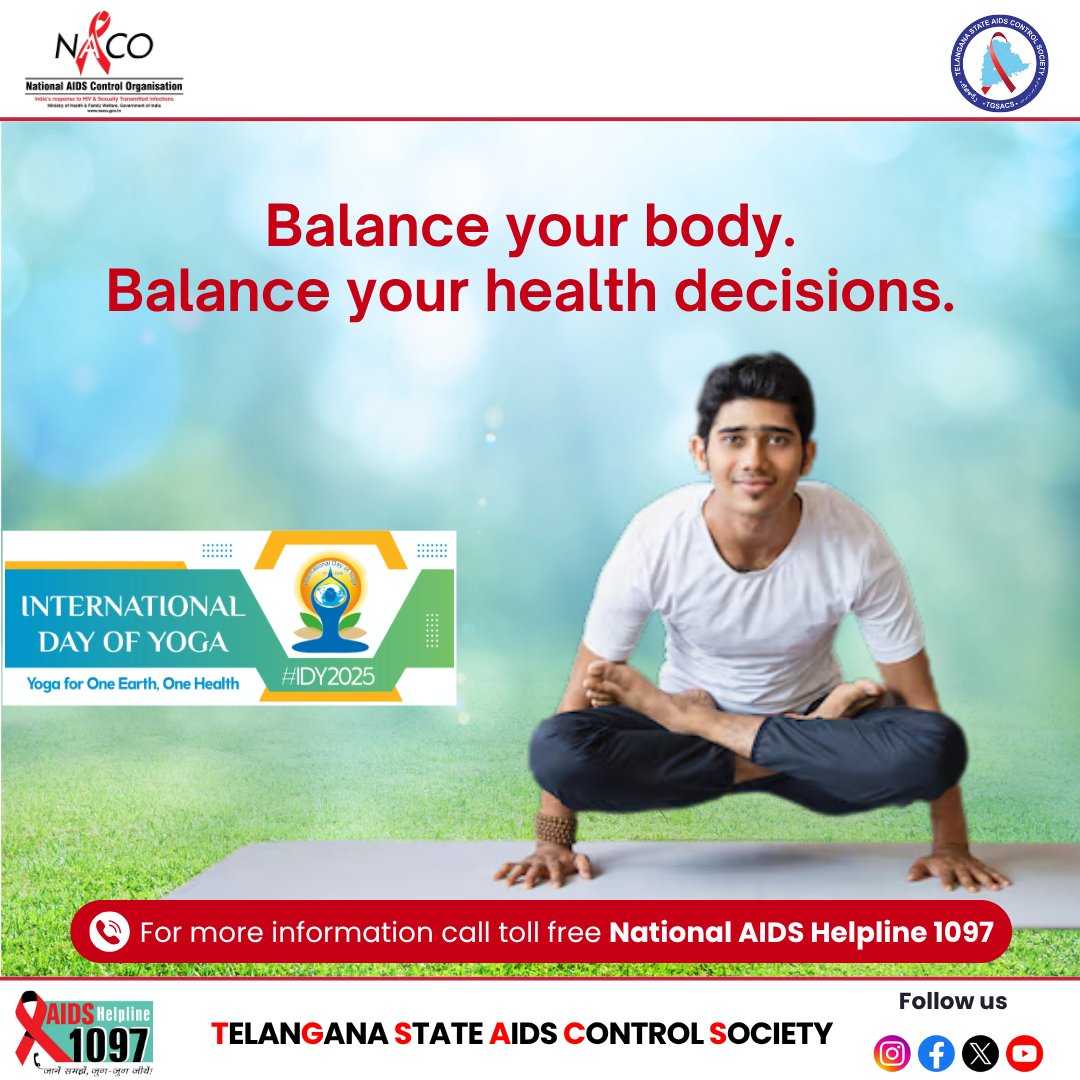 TGSACS1's tweet image. This International Yoga Day, align your physical strength with smart health choices.
🧘 Get tested for HIV. Stay informed. Stay protected.
#InternationalYogaDay
#BalanceYourBody
#SmartHealthChoices
#StayTestedStaySafe
#KnowYourStatus
#TestTreatPrevent
#HIVAwareness
#1097Helpline