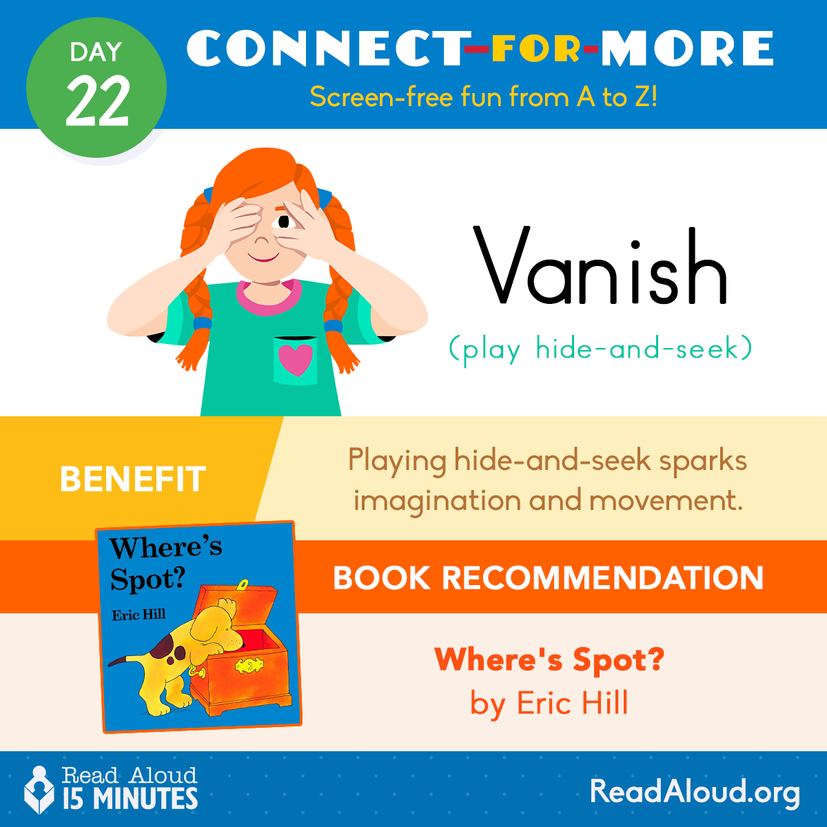 ReadAloud_org's tweet image. V is for VANISH… Where did they go?! 🙈
Hide and Seek is always a hit! Let your child disappear behind furniture or take a turn hiding yourself. This playful game builds connection and joy. Add a little fun like this to your daily read aloud routine! #ReadAloud15