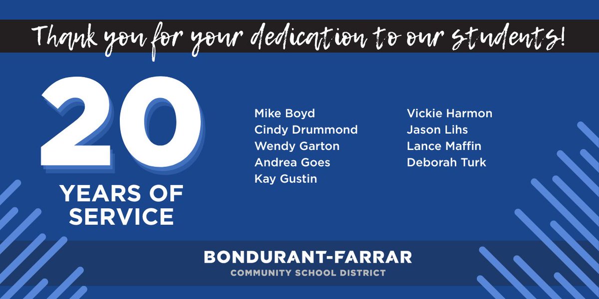 Two decades of service, what an impact! Thank you for your commitment to our schools and students. 👏

#WeAreBondurantFarrar 💙