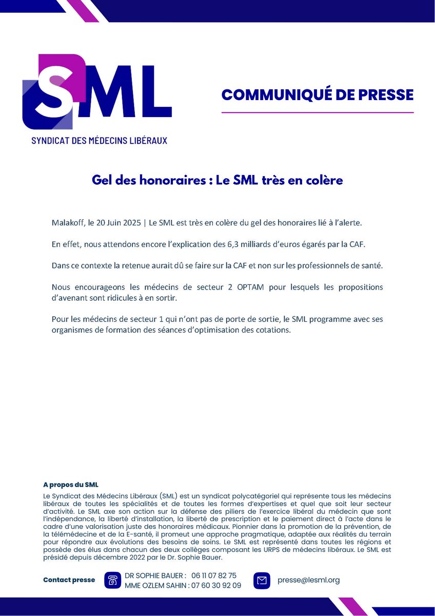 Communiqué de Presse : Le SML est très en colère du gel des honoraires lié à l’alerte.

Nous encourageons les médecins de secteur 2 OPTAM pour lesquels les propositions d’avenant sont ridicules à en sortir.

Tout le CP : lesml.org/fr/213-communi…
👇