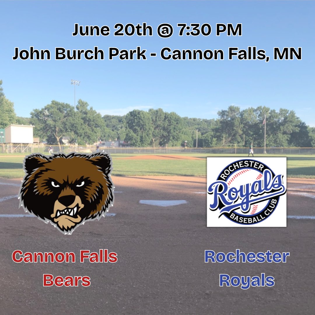 Cannon Falls Bears (@cf_bears) on Twitter photo 🚨BEARS GAMEDAY🚨
🆚 - <a href="/RochMNRoyals/">Rochester Royals</a>
⏱️ - 7:30 PM
📍 - Cannon Falls, MN
🏟️ - John Burch Park
We take on the Royals on a Friday night in downtown Cannon Falls!
#HumBears 🐻 🚨BEARS GAMEDAY🚨
🆚 - <a href="/RochMNRoyals/">Rochester Royals</a>
⏱️ - 7:30 PM
📍 - Cannon Falls, MN
🏟️ - John Burch Park
We take on the Royals on a Friday night in downtown Cannon Falls!
#HumBears 🐻