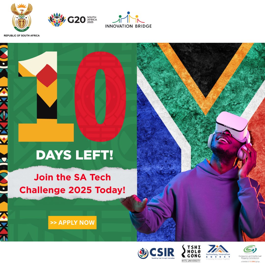 🚨 Only 10 DAYS LEFT to apply for the #SATechChallenge!

Win R1 MILLION in funding + represent SA at the G20 Digital Innovation Summit 🌍

We’re backing bold, scalable solutions driving sustainability &amp; real business impact.

Apply now 👉 satechchallenge.co.za