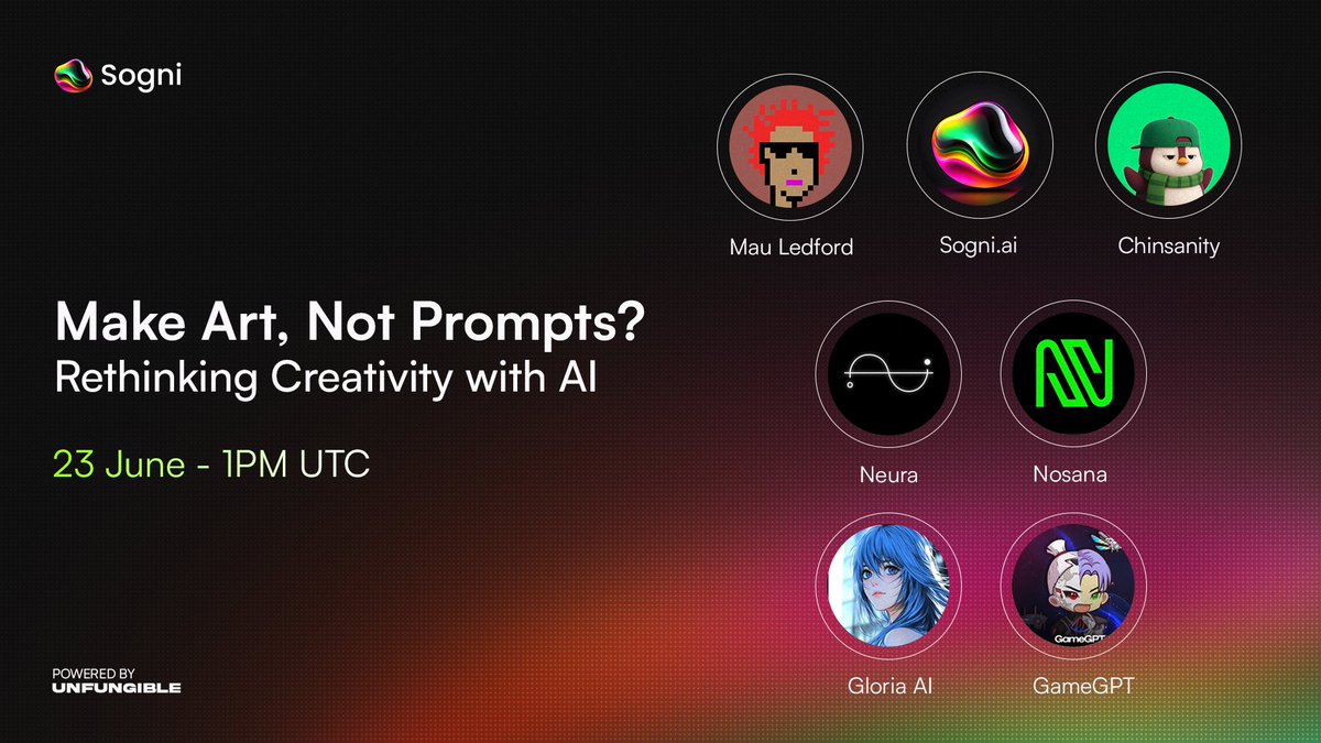 Sogni.ai (@sogni_protocol) on Twitter photo 🎙️Is prompt-based AI already outdated?
Join us to talk post-prompt creation with <a href="/NeuraADND/">Neura</a>, <a href="/nosana_ai/">Nosana</a>, <a href="/itsgloria_ai/">Gloria_AI</a>, <a href="/Gamegptofficial/">GameGPT by PRISM</a>, and our chaos captain <a href="/chinsanityx/">Chinsanity</a> 🎤
📅 June 23
🕒 1 PM (UTC)
🎧 Livestream starts automatically on this account
Pull up 👀 🎙️Is prompt-based AI already outdated?
Join us to talk post-prompt creation with <a href="/NeuraADND/">Neura</a>, <a href="/nosana_ai/">Nosana</a>, <a href="/itsgloria_ai/">Gloria_AI</a>, <a href="/Gamegptofficial/">GameGPT by PRISM</a>, and our chaos captain <a href="/chinsanityx/">Chinsanity</a> 🎤
📅 June 23
🕒 1 PM (UTC)
🎧 Livestream starts automatically on this account
Pull up 👀