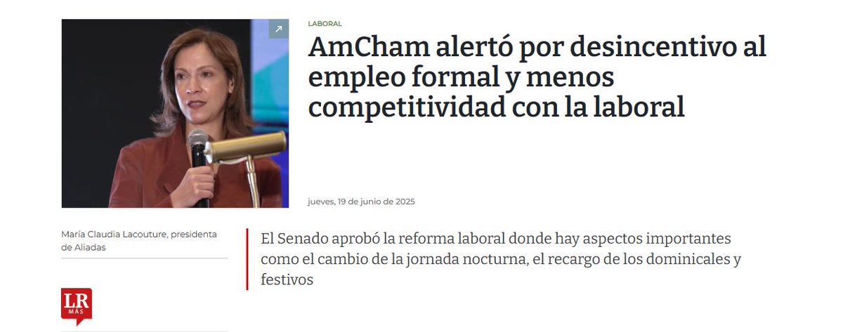 Cámara Colombo Americana - AmCham Colombia (@amchamcol) on Twitter photo "La reforma laboral tuvo avances, pero aún quedan retos clave para evitar que #Colombia quede atrapada en un modelo que promete mucho, pero difícilmente podrá cumplirse", <a href="/mclacouture/">Maria Claudia Lacouture</a> .
Conozca el análisis a la reforma y los riesgos que puede traer para el empleo formal, la "La reforma laboral tuvo avances, pero aún quedan retos clave para evitar que #Colombia quede atrapada en un modelo que promete mucho, pero difícilmente podrá cumplirse", <a href="/mclacouture/">Maria Claudia Lacouture</a> .
Conozca el análisis a la reforma y los riesgos que puede traer para el empleo formal, la