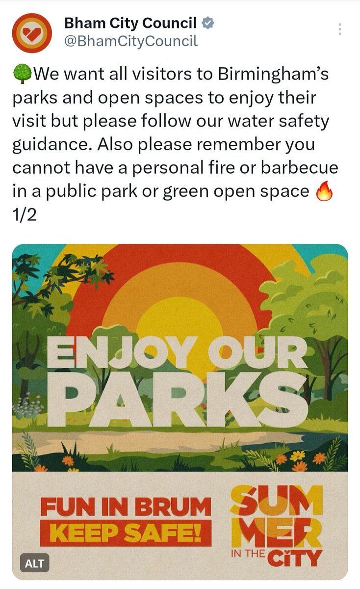 In this hot, dry weather, please look after the places you visit. Make sure you extinguish cigarettes with care, no fires or BBQs in Birmingham's public green spaces, and please take your litter home. Glass can cause fires 🔥 

🏞 Water safety guidance orlo.uk/8jZOw