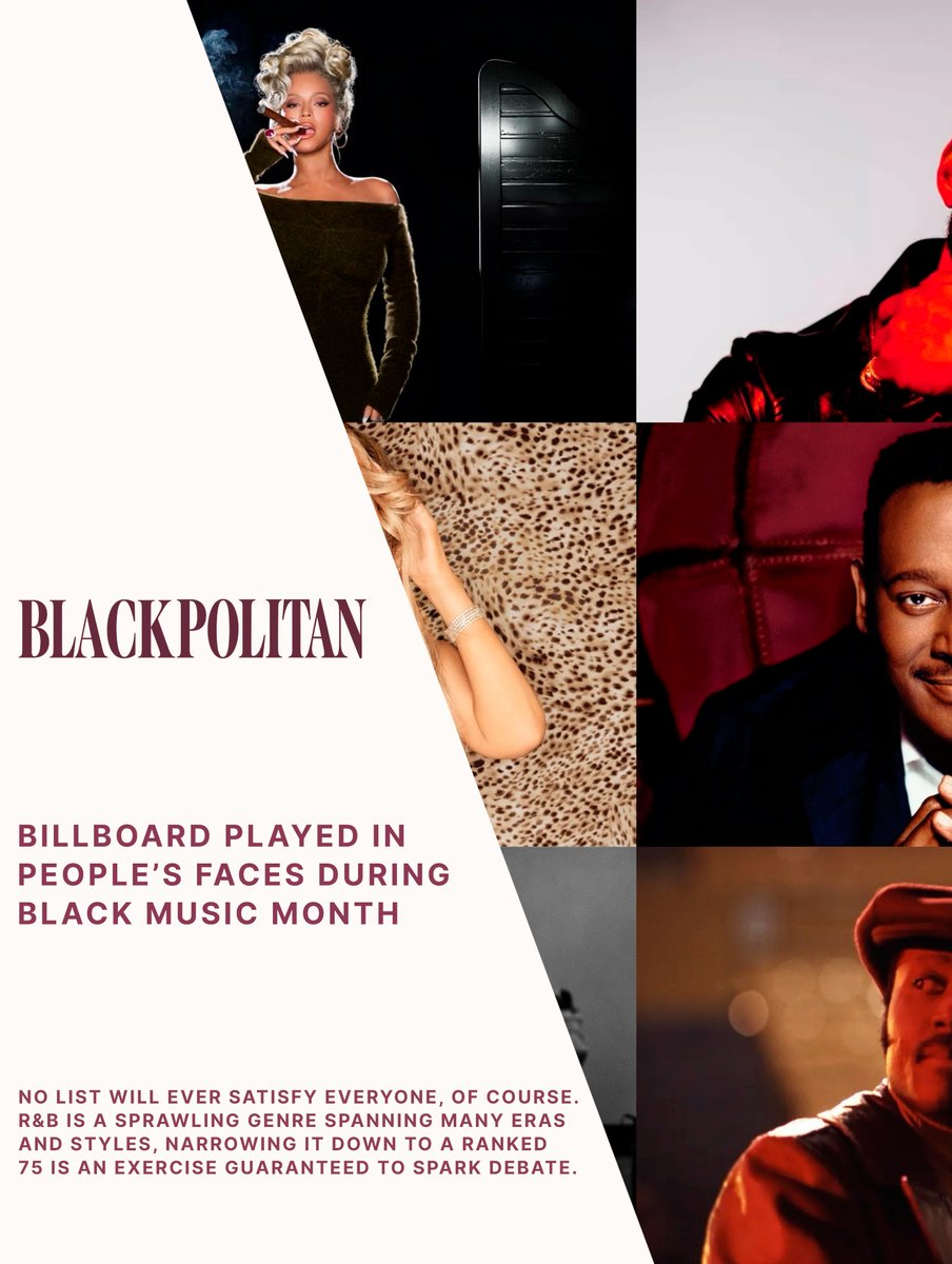 No list will ever satisfy everyone, of course. R&amp;B is a sprawling genre spanning many eras and styles, narrowing it down to a ranked 75 is an exercise guaranteed to spark debate.

More: shatterthestandards.com/p/billboard-pl…