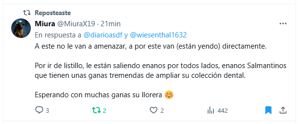 😇 Siguen sin entender el juego. Cada amenaza que reciba tendrá consecuencias. Mañana caerá otra cuenta de la fachosfera. Si piensan que les tengo miedo es que no me conocen todavía. Y por favor no les hagáis caso, no les contentéis, es lo que quieren. Les dais una visibilidad