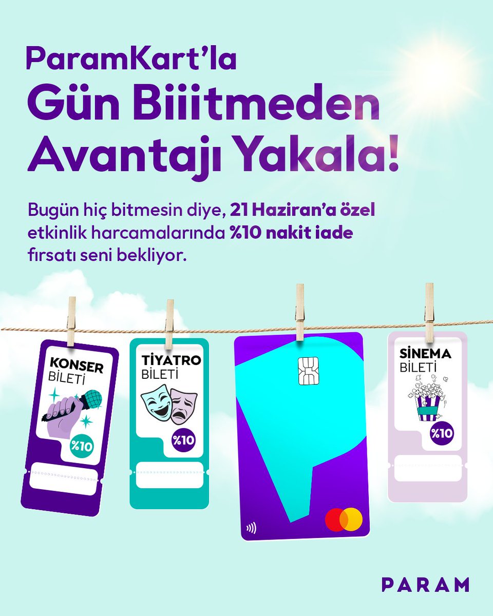 En uzuuuun günde ParamKart avantajı seni bekliyor! 🌞

21 Haziran’a özel etkinlik harcamalarında %10 nakit iade fırsatını kaçırma! 💜

#Param #ParamKart #ParamMobil #Nakitİade #EnUzunGün