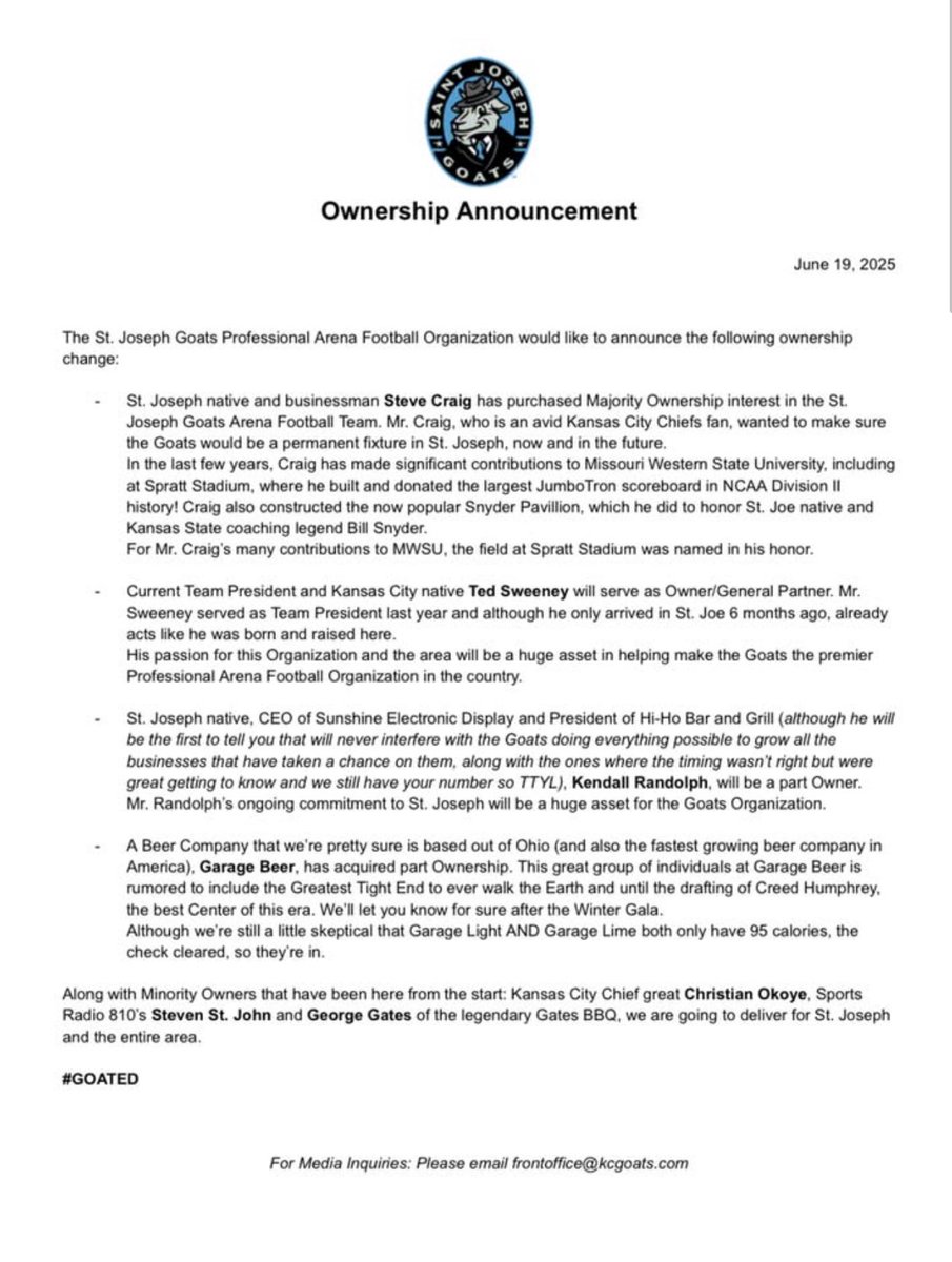 Inside the Arena (@inside_arena) on Twitter photo St. Joseph businessman Steven Craig has become the majority owner of <a href="/TheArenaLeague/">The Arena League™ | TAL</a> St Joseph's Goats, the team has announced.
<a href="/drinkgaragebeer/">Garage Beer</a>, owned by Travis and Jason Kelce, still maintain part ownership of the team. St. Joseph businessman Steven Craig has become the majority owner of <a href="/TheArenaLeague/">The Arena League™ | TAL</a> St Joseph's Goats, the team has announced.
<a href="/drinkgaragebeer/">Garage Beer</a>, owned by Travis and Jason Kelce, still maintain part ownership of the team.