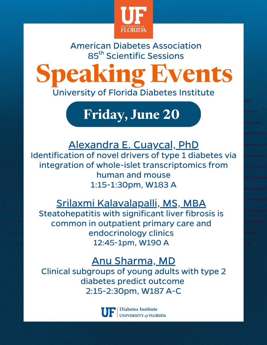 UF Diabetes Institute (@ufdiabetes) on Twitter photo 
Today’s speaker lineup at the <a href="/AmDiabetesAssn/">American Diabetes Association</a> 85th Scientific Sessions features Alexandra E. Cuaycal, PhD, Srilaxmi Kalavalapalli, MS, MBA, and Anu Sharma, MD, presenting key research on type 1 diabetes, liver fibrosis, and type 2 diabetes outcomes. <a href="/AnuSharma1025/">Anu Sharma</a> <a href="/UFHealth/">UF Health</a> 
Today’s speaker lineup at the <a href="/AmDiabetesAssn/">American Diabetes Association</a> 85th Scientific Sessions features Alexandra E. Cuaycal, PhD, Srilaxmi Kalavalapalli, MS, MBA, and Anu Sharma, MD, presenting key research on type 1 diabetes, liver fibrosis, and type 2 diabetes outcomes. <a href="/AnuSharma1025/">Anu Sharma</a> <a href="/UFHealth/">UF Health</a>