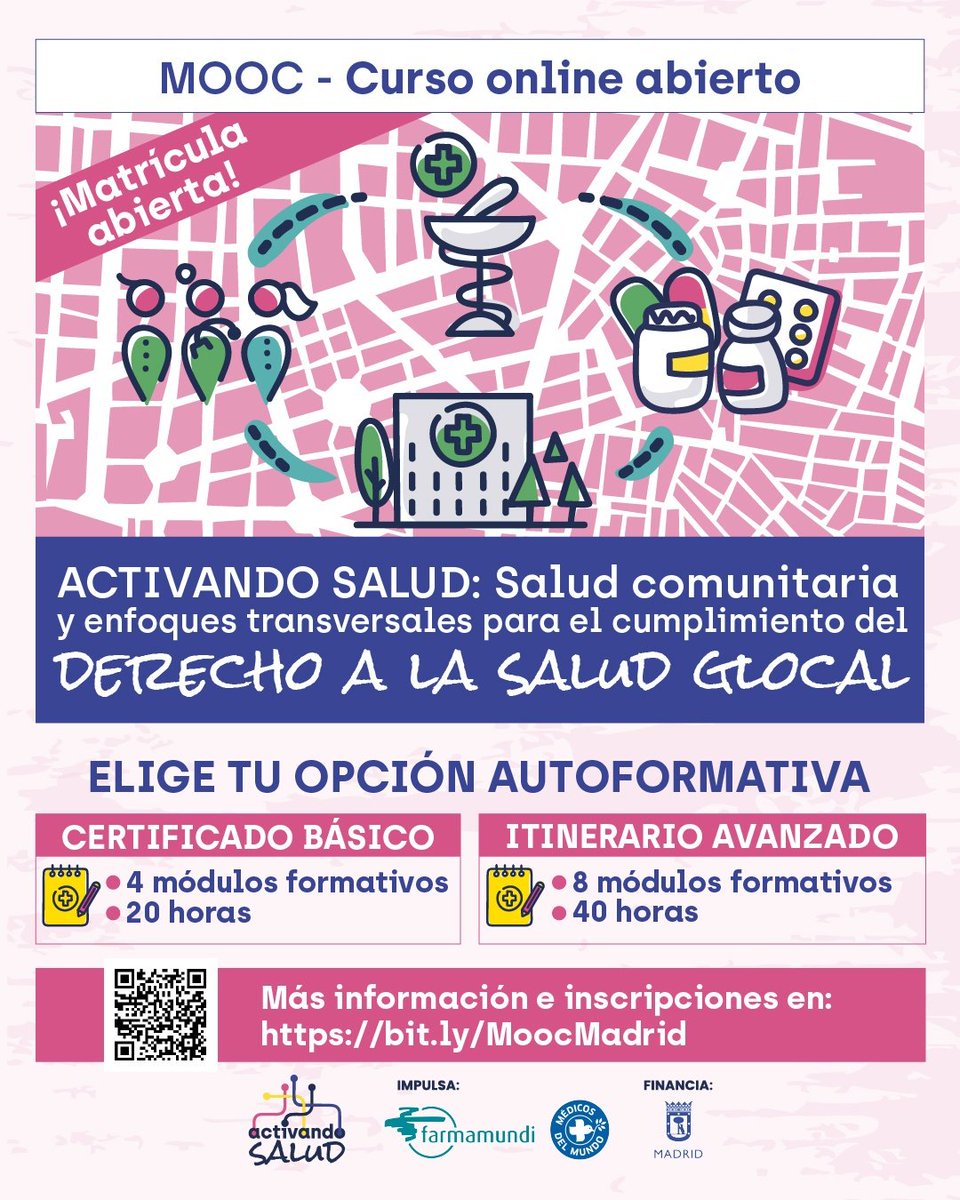 📢¿Quieres formarte en derecho a la salud? ¿No tienes tiempo para un curso presencial? 
📚Matricúlate en el CURSO ONLINE ABIERTO y GRATUITO sobre DERECHO A LA SALUD y ENFOQUES TRANSVERSALES q organizan desde Farmamundi y Médicos del Mundo
👉🏽Apúntate aquí👇🏾
bit.ly/MoocMadrid