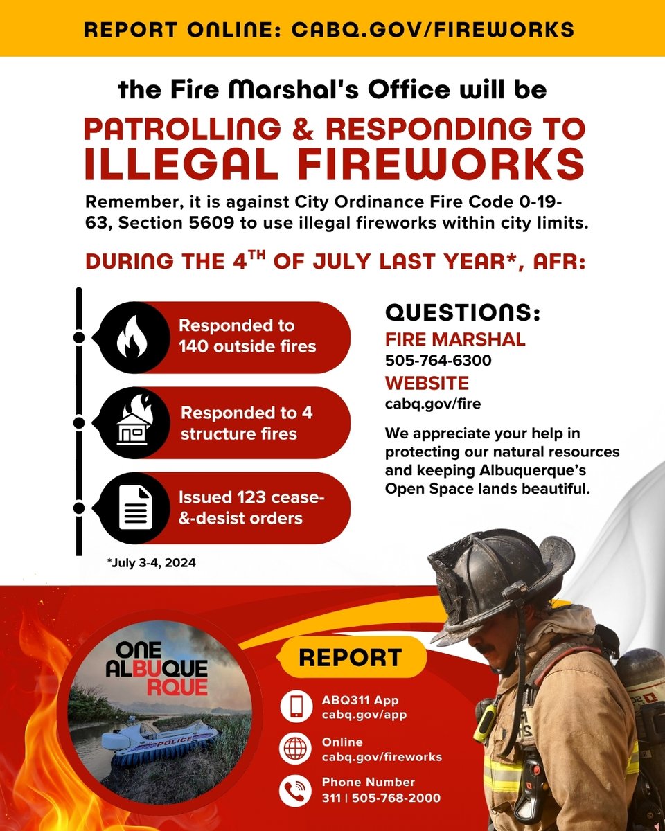 Illegal fireworks are dangerous - report them! Help protect our Bosque, our homes, and our pets. Report illegal fireworks on the ABQ311 app, online at cabq.gov/fireworks, or by calling 311.  #OneAlbuquerque