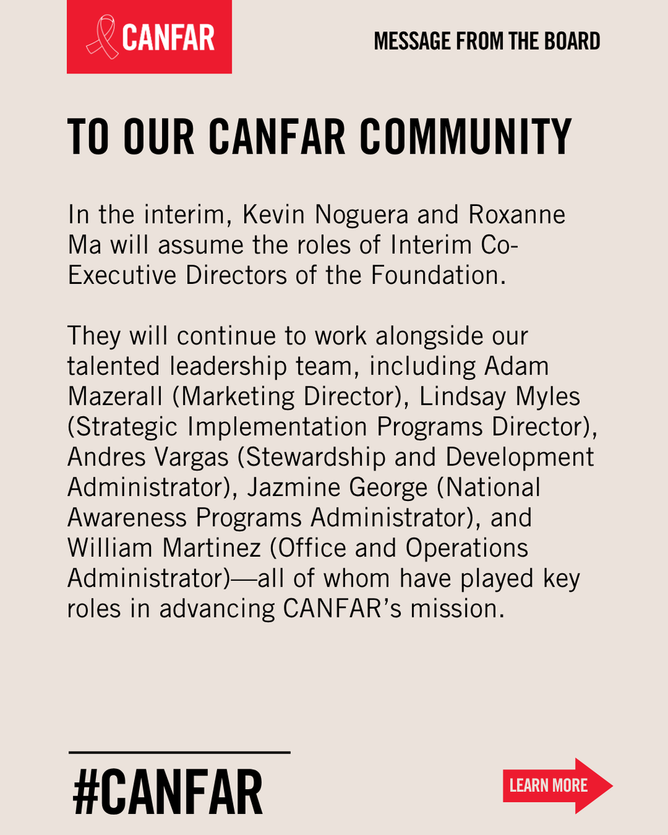 CANFAR's tweet image. From all of us in the #CANFARfamily, we&apos;re so grateful for the work and progress made by Alex Filiatrault over these last 8 years, and are excited to announce that Roxanne Ma and Kevin Noguera are going to share the role of Interim Co-Executive Directors of our foundation.…
