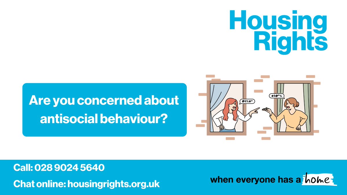 Worried about antisocial behaviour in your area?

Dealing with difficult neighbours can be stressful, but you're not alone. Support is available if you're experiencing antisocial behaviour.

☎️028 9024 5640
💻housingrights.org.uk/housing-advice…